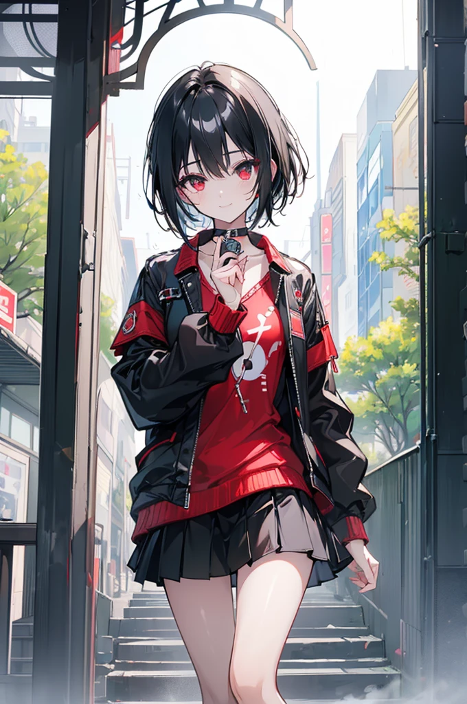 (masterpiece, highest quality, highest quality, (No text), Beautiful and aesthetic:1.2),No text,アニメ、BREAK,One Girl，Black Hair Girl　short hair　older sister　choker　Tree Eyes　Beautiful eyes　Red eyes　cool　smile　Red and Black　Black jacket　mini skirt　whole body　In town