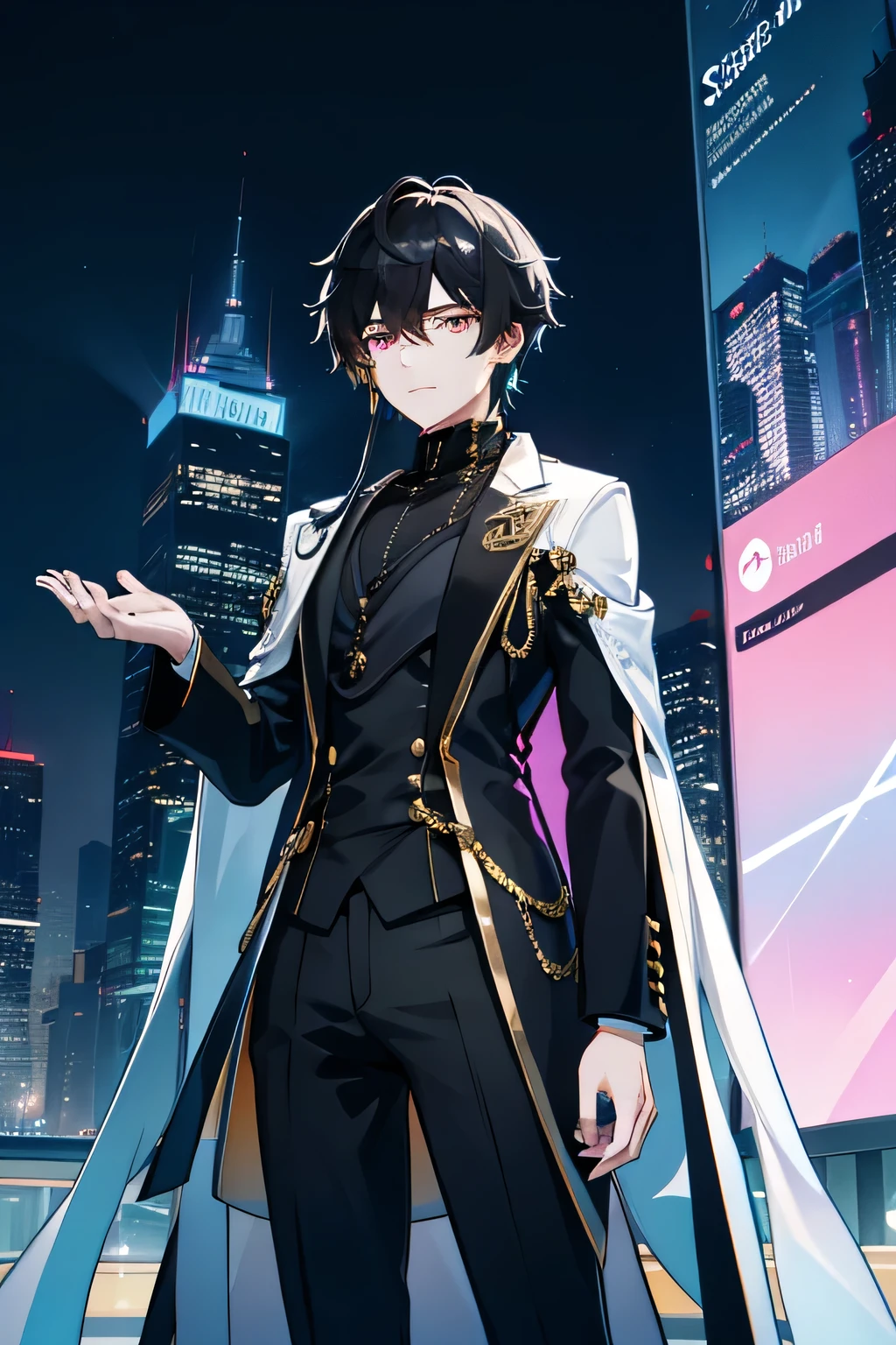 Vibrant skyline of a modern fantasy city, The 27-year-old boy、Her dark hair stands out in contrast to her white skin., Silver eyes that seem to reflect the neon lights illuminating the city. Wear an elegant black suit adorned with subtle gold details that sparkle under the city lights. The long coat she is wearing、It adds a unique touch to her look., When moving between skyscrapers and holographic screens. In the background, The city comes alive with rivers of light and futuristic buildings that defy imagination.. This is your main character, A modern mystery in an urban world filled with wonder and dreamlike technology.