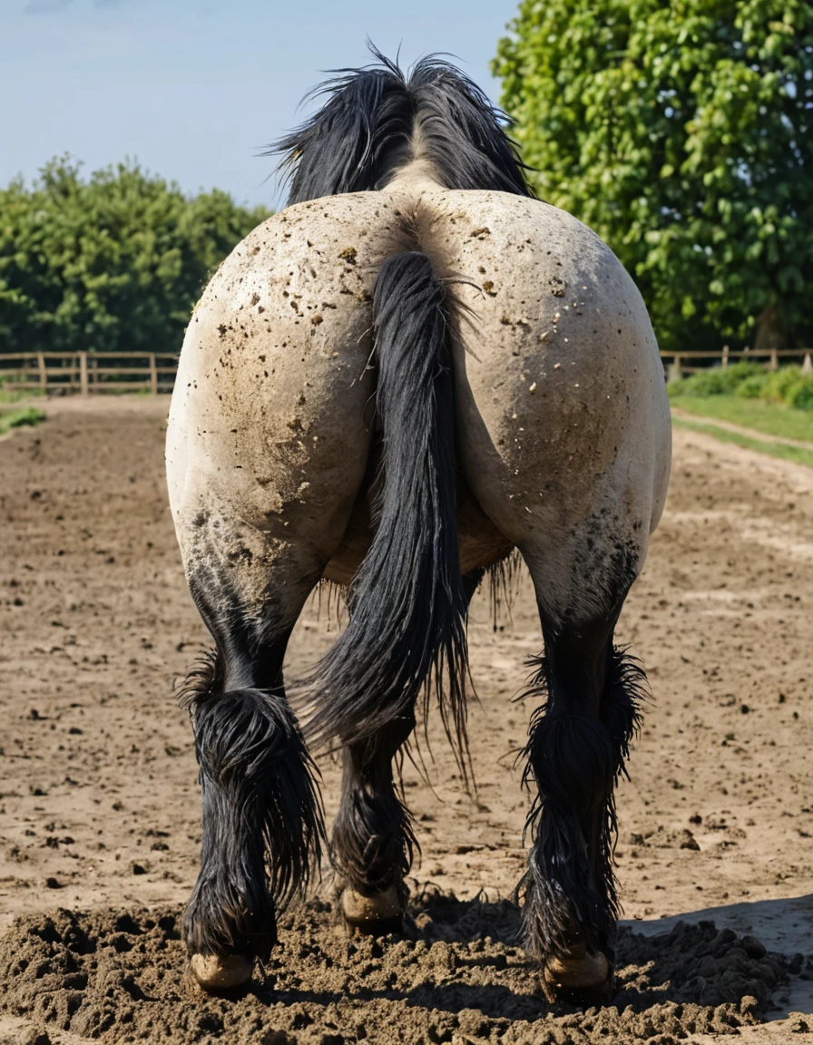 full rear view of a very large fat very hairy cob type horse stallion with 2 big lumps of horse dung dropping to the ground out of rectum at the centre of a big bum and sliding down legs. huge volume of urine pouring out of erect horse penis flooding the ground under horse. facing away from view point - towards horizon. open rectum and anus in full view tail to left side. ((masterpiece)), ((best quality)), ((highres)), ((extremely detailed)), (( back view)), (super realistic) . anatomically correct. open field. bright sunny sky.