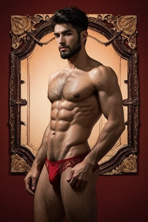 1 boy, latino young man,3 days beard,Skinny,youngster,normal body , slavery , red sheer lace lingerie ,,intense look ,cover photo, Instagram Template, perfect hands , whole body
