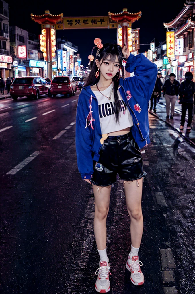 At night on Chinatown Road, Yaowarat, there is a Korean female idol wearing a hip-hop style outfit, standing in a cool pose in the middle of the road. Night lights, beautiful, realistic, 64K Perspective view from the ground to the top. Colorful lights are lines of movement.