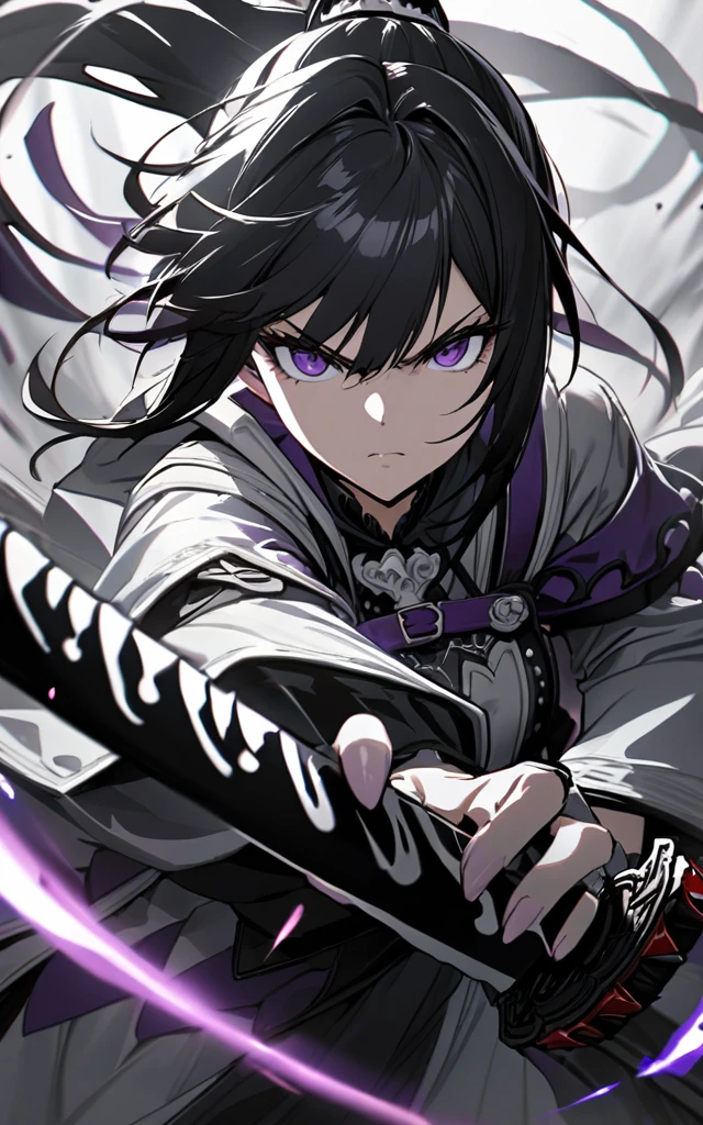 solo lady、shiny black hair、shiny purple eyes、short highponytail
、1white ribbon:1.1、[middle breast:0.8]、(twotonecolor、 black and white detailed Gothic Dress:1.1)、(masterpiece)、(absurdres)、(ultra detailed)、(8K)、(viewtifull detailed)、Swordsman、grabs sharpness-katana,、closed mouth,serious eyes,Battle,