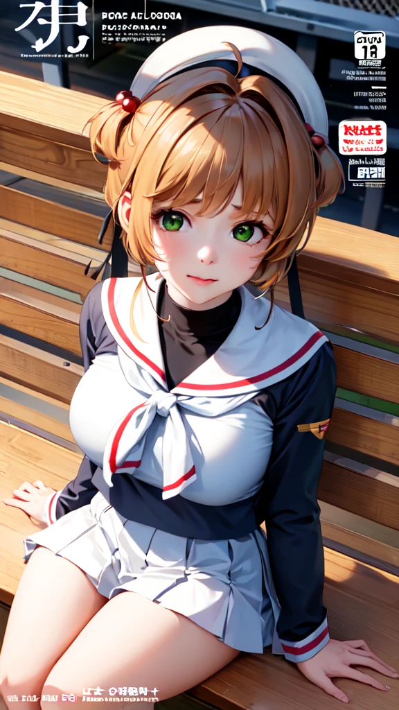 masterpiece, best quality, highres, kinomoto sakura, 1girl, brown hair, short hair, antenna hair, two side up, hair bobbles, green eyes, , white sailor collar, black shirt, long sleeves, white skirt, pleated skirt, sitting, eating, outdoors, bench, food, leaf, (masterpiece, best quality: 1.2),(very detailed face, real image, realistic skin, realistic body, intricate details),1 woman, Kinomoto Sakura, brown hair, alone, skirt, green eyes, Short hair, have, white skirt, white hat, Magic Girl, Antenna hair, laugh, serafuku, pleated skirt, dehisce, looking at viewer, cowboy shot, long sleeves, star (symbol), muffler, lie down in bed with both arms extended above the head and placed behind the pillow, anime girl lying down, expose plump breasts, whole body, plump thighs, Natural Pose, beautifully, cute, Fix errors without any awkwardness, tall, I have long legs, Wearing (tomoeda_초등school_school_Uniform),black top, tennis mini skirt,cry in shame, wearing white ankle socks, random sexy poses, a woman in a kneeling on the floor, beautiful detailed body and face, barechest, riding, app, clothes fully on, 8 x, x, teasing, hololive, norman ackroyd, paul barson, tri - x pan stock, extra limb, alexander jansson style, bright castleton green, pentax 67, thom yorke (guitar),a woman sitting on top of a table next to a man, the sailor jupiter. beautiful, covered breasts, portrait of two girls kissing, , birdseye view, dripping saliva, cover, devoted