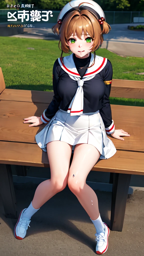 masterpiece, best quality, highres, kinomoto sakura, 1girl, brown hair, short hair, antenna hair, two side up, hair bobbles, green eyes, , white sailor collar, black shirt, long sleeves, white skirt, pleated skirt, sitting, eating, outdoors, bench, food, leaf, (masterpiece, best quality: 1.2),(very detailed face, real image, realistic skin, realistic body, intricate details),1 woman, Kinomoto Sakura, brown hair, alone, skirt, green eyes, Short hair, have, white skirt, white hat, Magic Girl, Antenna hair, laugh, serafuku, pleated skirt, dehisce, looking at viewer, cowboy shot, long sleeves, star (symbol), muffler, lie down in bed with both arms extended above the head and placed behind the pillow, anime girl lying down, expose plump breasts, whole body, plump thighs, Natural Pose, beautifully, cute, Fix errors without any awkwardness, tall, I have long legs, Wearing (tomoeda_초등school_school_Uniform),black top, tennis mini skirt,cry in shame, wearing white ankle socks, random sexy poses,a woman sitting on top of a table next to a man, the sailor jupiter. beautiful, covered breasts, portrait of two girls kissing, , birdseye view, dripping saliva, cover, devoted