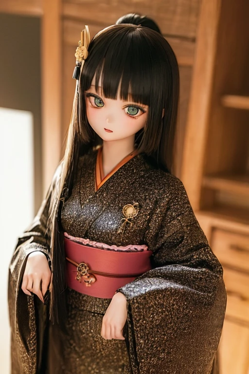 (SFW:2), photorealistic, realistic photo, ((highest quality)), ((masterpiece)), ((extremely detailed)), kukolnydom, doll, (mature woman, 22yo, 22 years old:1.6), solo, ((cowboy shot, standing, kimono, obi, hair ornament)), green eyes, parted lips, (black hair, long hair, looking away, blank eyes, empty eyes, detailed eyes, detailed clothes:1.3), Japanese room, 8k