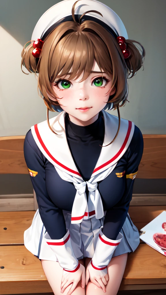 masterpiece, best quality, highres, kinomoto sakura, 1girl, brown hair, short hair, antenna hair, two side up, hair bobbles, green eyes, , white sailor collar, black shirt, long sleeves, white skirt, pleated skirt, sitting, eating, outdoors, bench, food, leaf, (masterpiece, best quality: 1.2),(very detailed face, real image, realistic skin, realistic body, intricate details),1 woman, Kinomoto Sakura, brown hair, alone, skirt, green eyes, Short hair, have, white skirt, white hat, Magic Girl, Antenna hair, laugh, serafuku, pleated skirt, dehisce, looking at viewer, cowboy shot, long sleeves, star (symbol), muffler, lie down in bed with both arms extended above the head and placed behind the pillow, anime girl lying down, expose plump breasts, whole body, plump thighs, Natural Pose, beautifully, cute, Fix errors without any awkwardness, tall, I have long legs, Wearing (tomoeda_초등school_school_Uniform),black top, tennis mini skirt,cry in shame, wearing white ankle socks, random sexy poses, a woman in a kneeling on the floor, beautiful detailed body and face, barechest, riding, app, clothes fully on, 8 x, x, teasing, hololive, norman ackroyd, paul barson, tri - x pan stock, extra limb, alexander jansson style, bright castleton green, pentax 67, thom yorke (guitar),a woman sitting on top of a table next to a man, the sailor jupiter. beautiful, covered breasts, portrait of two girls kissing, , birdseye view, dripping saliva, cover, devoted