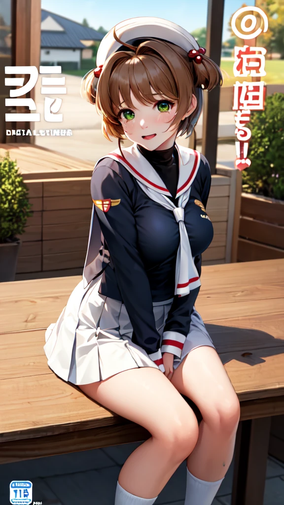 masterpiece, best quality, highres, kinomoto sakura, 1girl, brown hair, short hair, antenna hair, two side up, hair bobbles, green eyes, , white sailor collar, black shirt, long sleeves, white skirt, pleated skirt, sitting, eating, outdoors, bench, food, leaf, (masterpiece, best quality: 1.2),(very detailed face, real image, realistic skin, realistic body, intricate details),1 woman, Kinomoto Sakura, brown hair, alone, skirt, green eyes, Short hair, have, white skirt, white hat, Magic Girl, Antenna hair, laugh, serafuku, pleated skirt, dehisce, looking at viewer, cowboy shot, long sleeves, star (symbol), muffler, lie down in bed with both arms extended above the head and placed behind the pillow, anime girl lying down, expose plump breasts, whole body, plump thighs, Natural Pose, beautifully, cute, Fix errors without any awkwardness, tall, I have long legs, Wearing (tomoeda_초등school_school_Uniform),black top, tennis mini skirt,cry in shame, wearing white ankle socks, random sexy poses,a woman sitting on top of a table next to a man, the sailor jupiter. beautiful, covered breasts, portrait of two girls kissing, , birdseye view, dripping saliva, cover, devoted