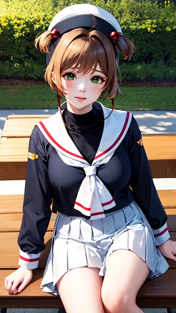 masterpiece, best quality, highres, kinomoto sakura, 1girl, brown hair, short hair, antenna hair, two side up, hair bobbles, green eyes, , white sailor collar, black shirt, long sleeves, white skirt, pleated skirt, sitting, eating, outdoors, bench, food, leaf, (masterpiece, best quality: 1.2),(very detailed face, real image, realistic skin, realistic body, intricate details),1 woman, Kinomoto Sakura, brown hair, alone, skirt, green eyes, Short hair, have, white skirt, white hat, Magic Girl, Antenna hair, laugh, serafuku, pleated skirt, dehisce, looking at viewer, cowboy shot, long sleeves, star (symbol), muffler, lie down in bed with both arms extended above the head and placed behind the pillow, anime girl lying down, expose plump breasts, whole body, plump thighs, Natural Pose, beautifully, cute, Fix errors without any awkwardness, tall, I have long legs, Wearing (tomoeda_초등school_school_Uniform),black top, tennis mini skirt,cry in shame, wearing white ankle socks, random sexy poses,a woman sitting on top of a table next to a man, the sailor jupiter. beautiful, covered breasts, portrait of two girls kissing, , birdseye view, dripping saliva, cover, devoted