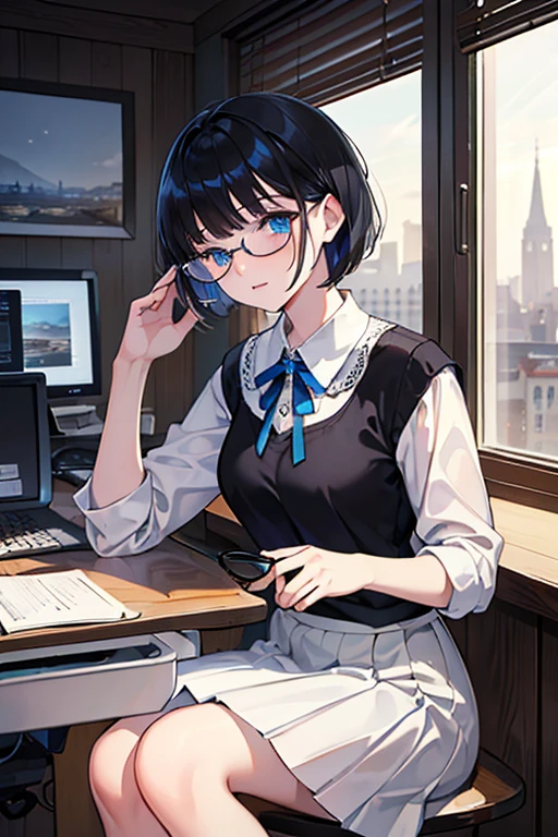 ((Highest quality)), ((masterpiece)), (Familiar), Illustration Style,Perfect Face,1 Girl,Black Hair,Short Hair,Glowing Skin,big, Bright Blue Eyes,Beautiful Bangs,Small breasts,Super Beauty,woman,,White blouse,Black Skirt,Beautiful clothes,Glasses,office