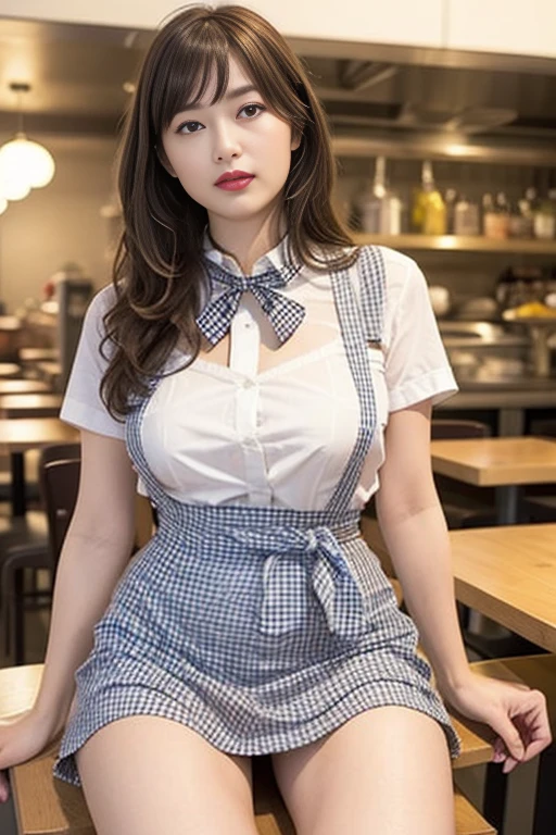 ooki masterpiece、Highest quality、Ultra-high resolution、(Photorealistic:1.6)、1 girl、(Long Hair:1.5)、(round face:1.3)、(Gingham check suspender apron:1.3)、(Plain blue high waist skirt:1.3)、(Apron skirt:1.2)、(White blouse:1.3)、(Double-breasted、Underbust:1.2)、Short sleeve、Button Gap、(Plain blue bow tie:1.2)、(Plump body:1.2)、(Smooth Skin:1.1)、Dynamic pose、(chest:1.2)、Cafe、restaurant、Red lipstick、Disheveled Hair、Spreading her legs、((Thighs))、