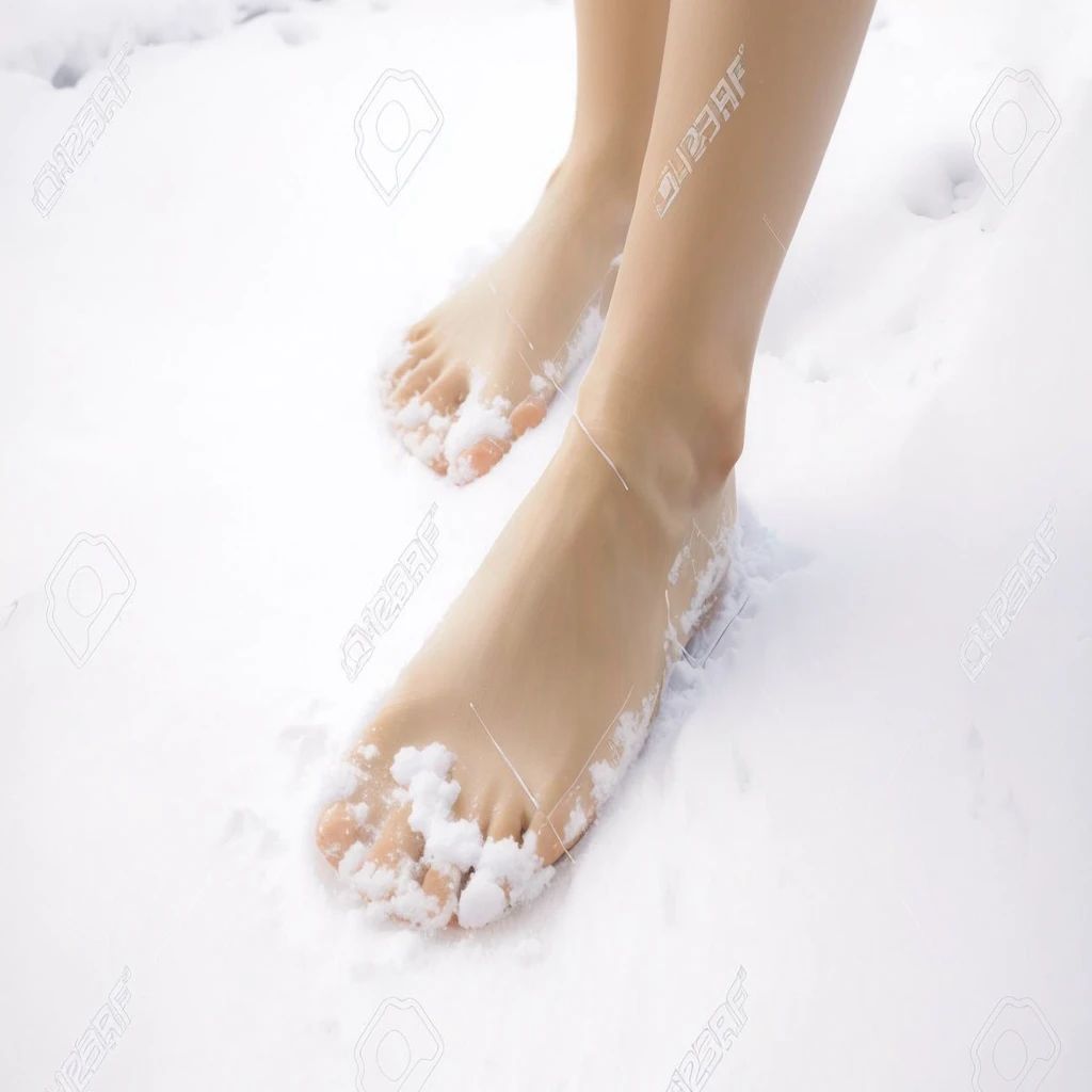 a close up of a person's feet in the neve, neve on the body, real human feet, footsteps in the neve, Walking on ice, (neve), Bare feet, standing in the neve, neve neve, professional foot photography, Bare feet, covered in salt, warm up, her foot coming out, light neve, neve flurry, white neve, winter neve