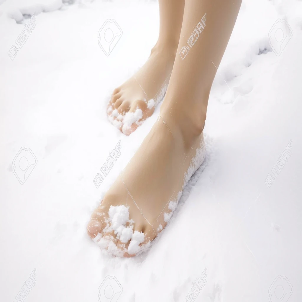 a close up of a person's feet in the neve, neve on the body, real human feet, footsteps in the neve, Walking on ice, (neve), Bare feet, standing in the neve, neve neve, professional foot photography, Bare feet, covered in salt, warm up, her foot coming out, light neve, neve flurry, white neve, winter neve