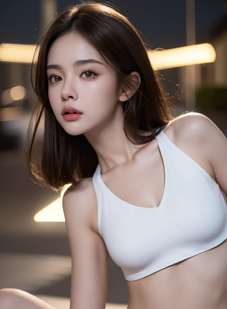 ((Realistic lighting, Highest quality, 8K, masterpiece: 1.3)), Clear focus: 1.2, One girl, Perfect figure: 1.4, Slim Abs: 1.1, ((Dark brown hair)), (White Crop Top: 1.4), (Outdoor, night: 1.1), street, Super detailed face, Beautiful Eyes, double eyelid,