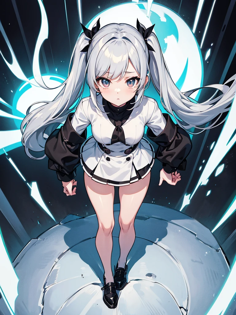 White capellets、Black high neck shirt、black mini skirt, black tights, full body、looking back, from above、clear face, silver hair, twintails, Black tight mini skirt, anime, tachi-e, masterpiece, best quality, 4K
