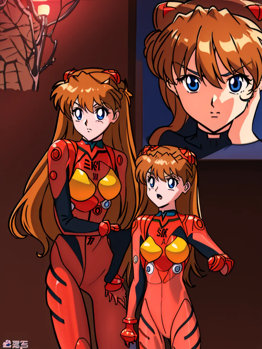 Sugar Angly, Asuka Langley Soryu, (Soryu Asuka Langley:1.5), blue eyes, hair between eyes, headdress, interface headset, orange hair, both sides, Blake bodysuit, long sleeves, plug suit, Red bodysuit, Relax indoors, miscellaneous room, break looking at viewer, (cowboy shot:1.5), break (table top:1.2), best quality, high resolution, unity 8k wallpaper, (illustration:0.8), (beautiful detailed eyes:1.6), more detailed face, perfect lighting, Extremely detailed CG, (perfect hands, complete anatomy), 90s 