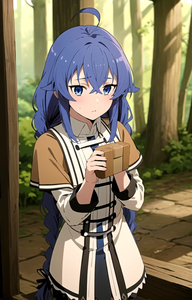 (One girl:1.5), (Small box:1.5), (Mushoku Tensei Style:1.3), ((Anime Coloring)), (Roxy:1.3),
((High resolution illustrations)), ((masterpiece)), ((Highest quality)), High detail,
(Textured skin:1.4), (Detailed blue hair: 1.9), (Detailed blue eyes:1.4), Very long hair, Very long hair, Complex Hair, Hair between the eyes, Nice hands, Perfect hands, Perfect body, Focus Only, Fine eyebrows, Hair between the eyes, Ahoge, Messy Hair, twin Braidings, Braiding,
Detailed lighting, Realistic colors, Bright colors,
Wizard's Hat, Cape, Capelet, Collared shirt, Black legwear, black skirt, Capelet, Jacket, brown Jacket, Long sleeve, miniskirt, Open clothes, open Jacket, pleated skirt, skirt, white Capelet, White footwear, white Jacket,
forest, Fantasy, Day,