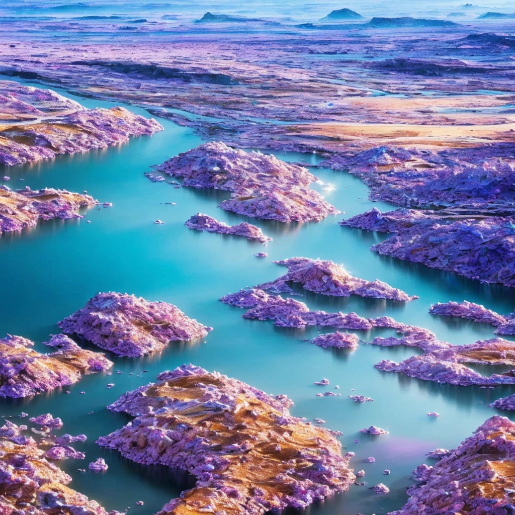 Planet of crystals and gems, (((crystals and gems)), fantasy art alien planet, valley of crystals and salt deposits, a river with crystalline banks runs diagonally, Samdoesarts style. Stunning landscape, Huge scale, soft colors, Muted contrast, very detailed and confusing. river valley. Valley of crystals on the planet, space fiction, many sharp protruding crystals, crystals sparkle and shimmer, light fog, sunrise. divine rays, sharp focus, very sharp crystals, Winding River