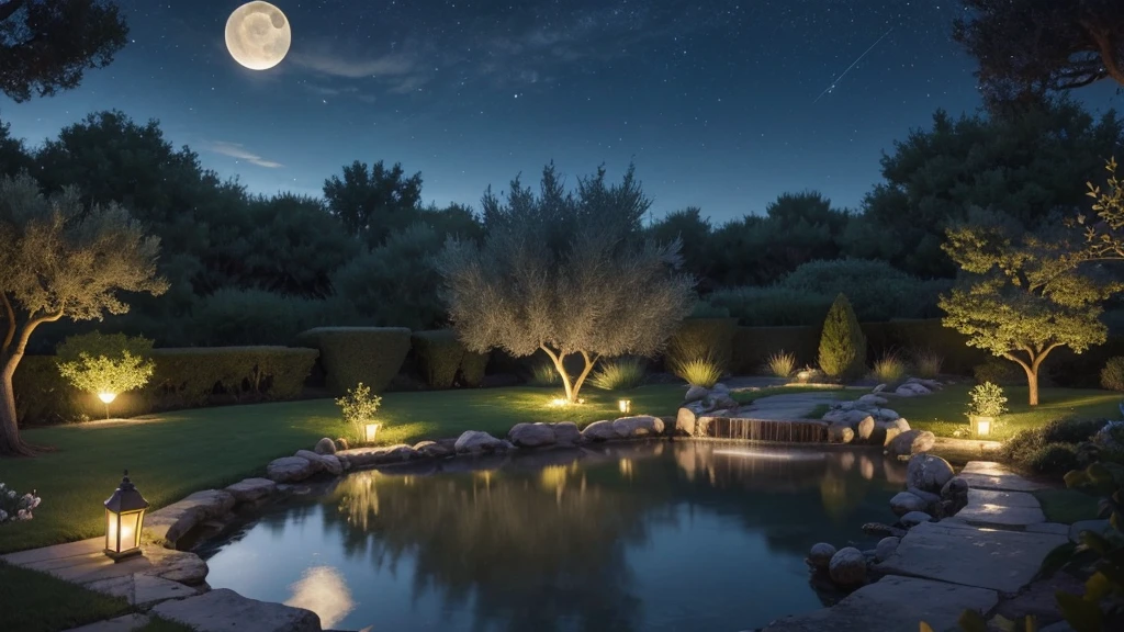 "A serene garden at twilight, where a solitary figure sits beneath an ancient olive tree, engrossed in reading scriptures by lamplight. The atmosphere is tranquil, with gentle breezes rustling through the leaves and distant stars beginning to emerge in the evening sky. Nearby, a tranquil pond reflects the moon's glow, symbolizing the peace and contemplation found in biblical teachings of the afterlife's promise of eternal rest and spiritual renewal."
