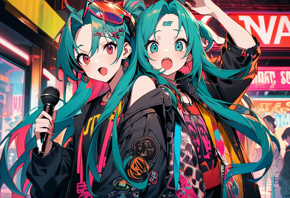 Hatsune Miku、Painting from the neck up、Hold the microphone、Like a raging fire、Eyes with the highest image quality、Beautiful eyes、Vivid Color、Street Style、Cool clothes、Put sunglasses on your forehead、Earrings、sing、Awesome、Raised eyebrows、Brave、怒りながらsing、Open your mouth wide