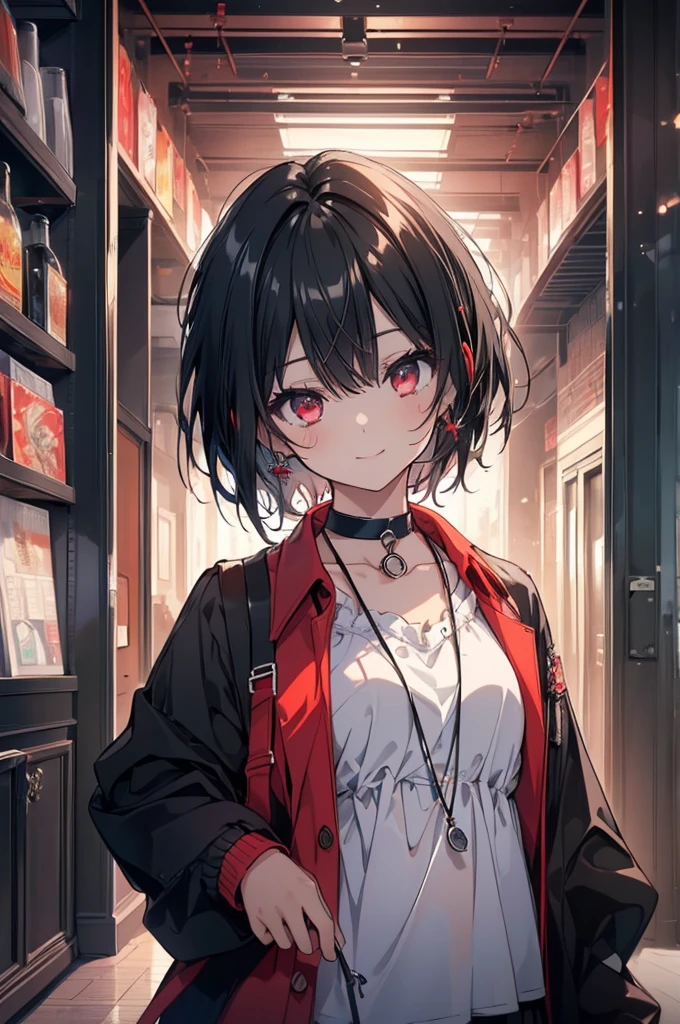 (masterpiece, highest quality, highest quality, (No text), Beautiful and aesthetic:1.2),No text,アニメ、BREAK,One Girl，Black Hair Girl　short hair　older sister　choker　Tree Eyes　Beautiful eyes　Red eyes　cool　smile　Red and Black　Black jacket　mini skirt　whole body　In town