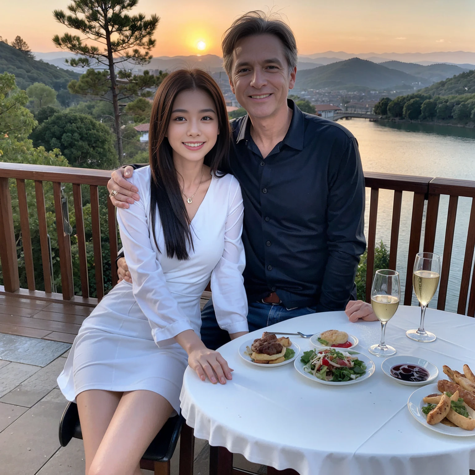 ((Highest quality、、masterpiece:1.3))、1 male、1 female、spouse、Beautiful couple、Japanese couple、smile、 (Slim face), (the body is スリム), (Brown Hair), (Shortcuts), ((Bob Hale、Straight hair:1.2)), テーブルの上のwine glass、Please shine a light on my face、 Amazing view of the sunset sky and clouds、Amazing mountain views、smileの美しさ、Bright image、Blushing, Shortcuts,Bright Face、 age), 39 age, red wine 、Appetizers、Italian food、Wine bottle、Champagne、sparkling wine、Long sleeve shirt、dress、Attractive beauty、restaurant, Nova Frog Style, actress, model, Upper Body, White wine, red wine, wine glass,