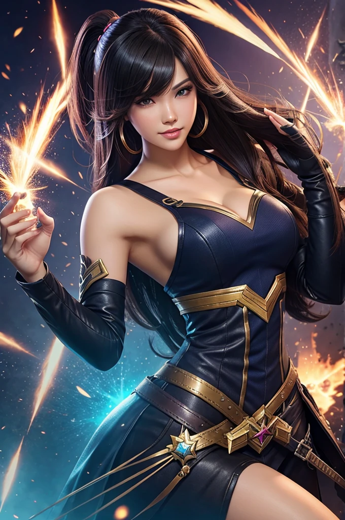 Show Ashe in her Dark Cosmic skin from League of Legends by Riot Games,massive k-cups,She has a celestial, cosmic-themed outfit with dark, starry patterns and a glowing, otherworldly bow. The scene is a vast, starry cosmos with swirling galaxies and distant nebulae.