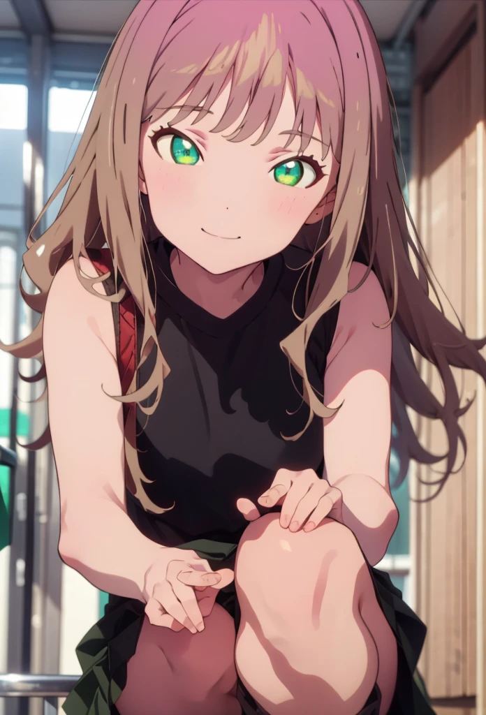 minami yume ,sss Dynazenon ,Long Hair, Brown Hair, (Green Eyes:1.5) ,blush,smile,hair band,Sleeveless shirt,Long skirt,short boots,Daytime,Clear skies,Walking,whole bodyがイラストに入るように,　　　　　　　　　break　looking at viewer, whole body,(Cowboy Shot:1. 5) ,　　　　　　　　　　　　　　　　　break outdoors ,Building district,　　　　　　　　　　　　break (masterpiece:1.2), Highest quality, High resolution, unity 8k wallpaper, (shape:0.8), (Beautiful and beautiful eyes:1.6), Highly detailed face, Perfect lighting, Extremely detailed CG, (Perfect hands, Perfect Anatomy),