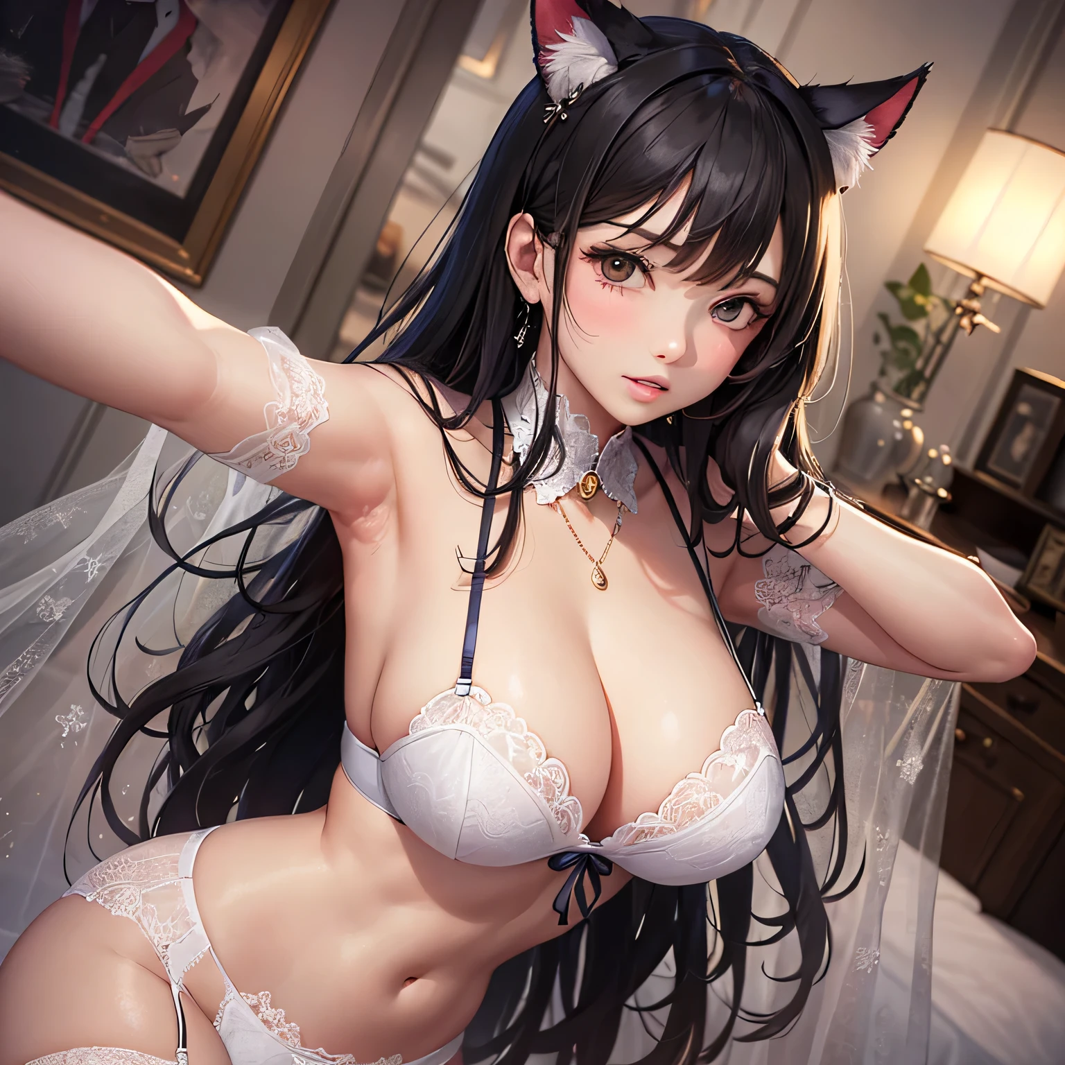 A girl with a Sexy pose, wearing sexy lingerie and a garter belt, cat girls'girl'Her large breasts are hidden in her underwear...: 140cm Bar Stage Voluptuous Body(((((hug my chest)))))(((((thick))))) Underwear digging into the skin Sitting on a chair Flowery nipples White hair Big breasts Captivating smile Tags: Sexy pose, Detailed face, Expressive eyes, Lips become thicker, beautiful girl, Feminine charm, Captivating Gaze, Captivating smile, Confident posture, sexy lingerie, Lace details, Exquisite garter belt, silk fabric, Warm lighting, Captivating color palette, Exquisite detail, Playful expressions (((((Lie in)))))