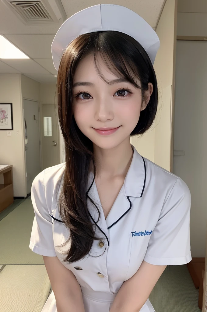 (1 Girl )、(Beautiful Japanese、24years old,round face、Refreshing、clear、seems kind、stylish、Pitiful、cute like an angel、cute、black eyes、(Single eyelid:1.3)、Beautiful skin), {(Japan human face:1.4),(General facial features)} , (((Beautiful breasts:0.4))),(((soft breasts))),(very cute),(short bob hair,black hair,),(enchanting eyes),(highlight on eyes:1.2)、(8K、Live shooting、highest quality、masterpiece:1.2、optimal lighting)、((masterpiece)),(Photo taken by a professional photographer),(real、photo real:1.4),BREAK,{ (White nurse costume),(((taraditional nurse uniform))),,{(White nurse tight skirt)}},( Smile:1.4),() break, hospital,Face shot:1.0、 face close-up,from below,(((1970s vibe)))、Hospital ,standing,looking at viewer,