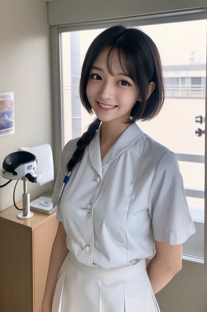(1 Girl )、(Beautiful Japanese、24years old,round face、Refreshing、clear、seems kind、stylish、Pitiful、cute like an angel、cute、black eyes、(Single eyelid:1.3)、Beautiful skin), {(Japan human face:1.4),(General facial features)} , (((Beautiful breasts:0.4))),(((soft breasts))),(very cute),(short bob hair,black hair,),(enchanting eyes),(highlight on eyes:1.2)、(8K、Live shooting、highest quality、masterpiece:1.2、optimal lighting)、((masterpiece)),(Photo taken by a professional photographer),(real、photo real:1.4),BREAK,{ (White nurse costume),(((taraditional nurse uniform))),,{(White nurse tight skirt)}},( Smile:1.4),() break, hospital,Face shot:1.0、 face close-up,from below,(((1970s vibe)))、Hospital ,standing,looking at viewer,