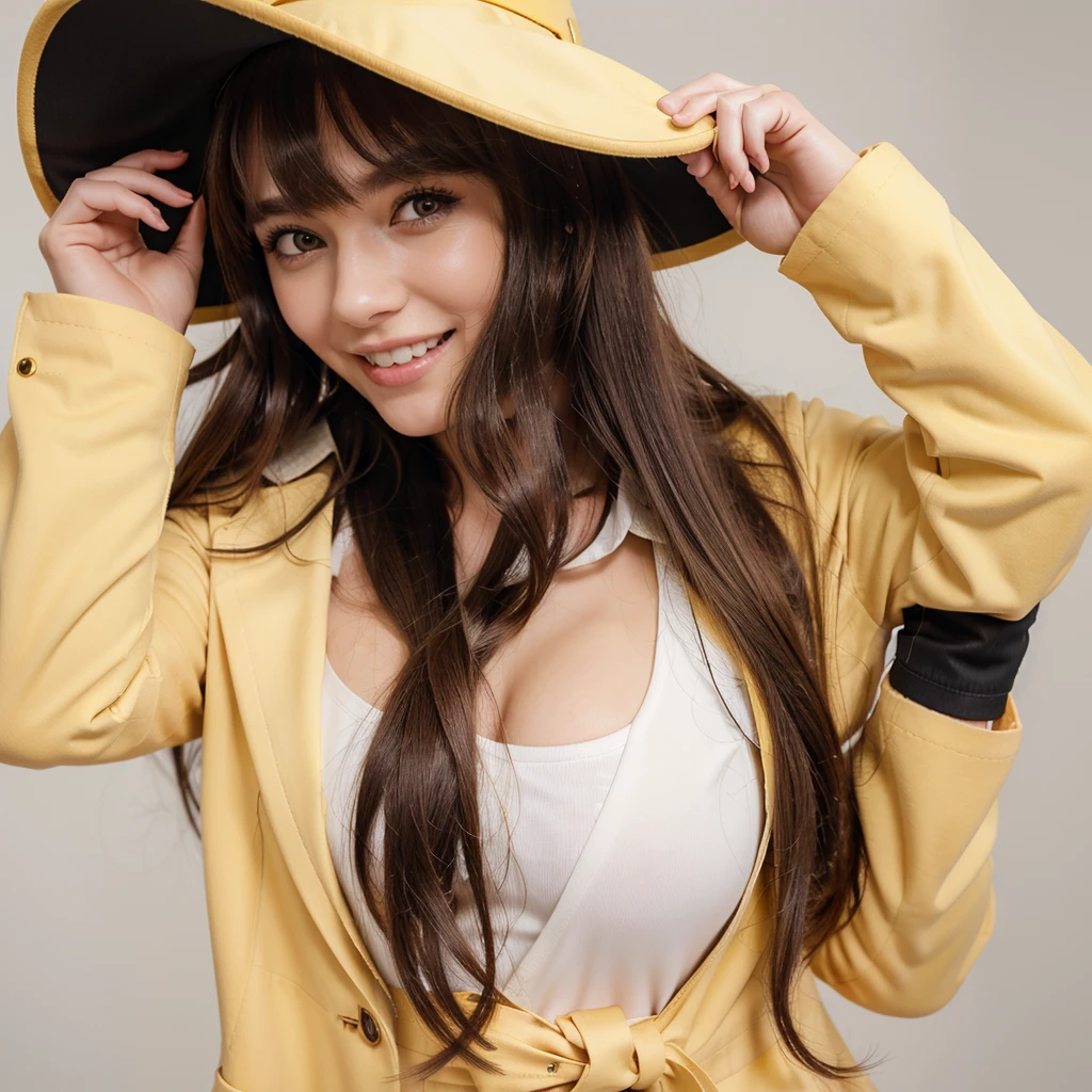 1girl, hat, gloves, long hair, solo, white background, smile, brown hair, looking at viewer, yellow eyes, simple background, open mouth, coat, black suit,blush,necktie, v, long sleeves, bangs, swept bangs, teeth,