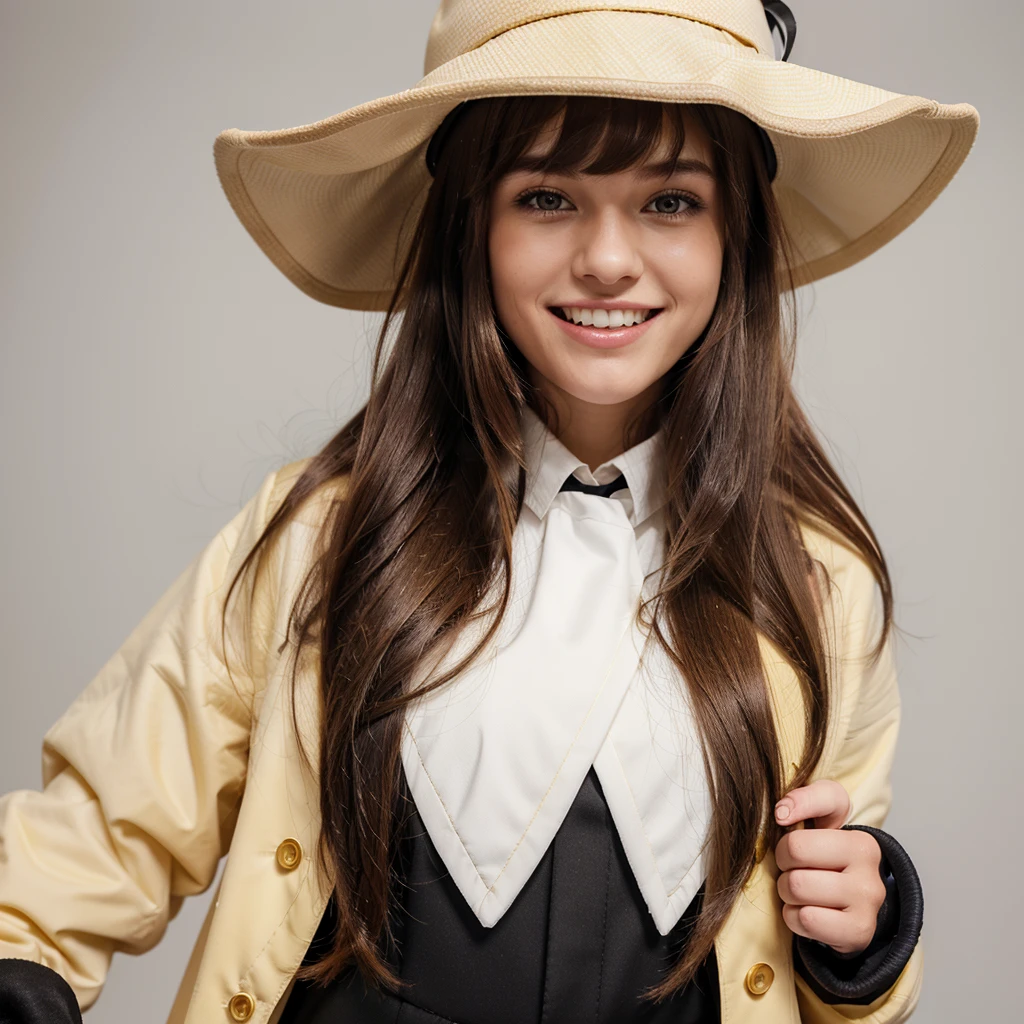 1girl, hat, gloves, long hair, solo, white background, smile, brown hair, looking at viewer, yellow eyes, simple background, open mouth, coat, black suit,blush,necktie, v, long sleeves, bangs, swept bangs, teeth,