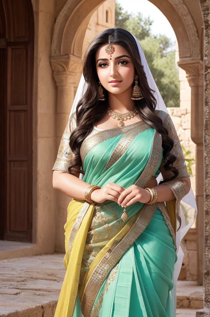 1 Heavenly beautiful and goddess beauty cute and sweet looking face Arabian woman in Bellapais Abbey, Cyprus, Heavenly beautiful Overweight, Heavenly beautiful Extremely fat, Heavenly beautiful and attractive Chubby figure , Heavenly beautiful looking and eye catching luxury style traditional Indian saree , reaching out, Heavenly beautiful Arabian woman, 16k, High resolution, masterpiece, highest quality, fine skin, outside view, Realistic Photograph, close up figure view