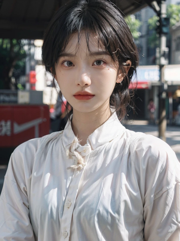 (smooth skin textures:1.3), Lipstick, Upper body,Upper Body,background, earrings, serene, calm, (Dress conservatively:1.6),(Realistic and detailed eyes:1.2), Natural skin texture, Realistic facial details, Soft dramatic lighting, Vivid details, outdoor, (Photo Practical:1.4), (hyper Practical:1.4), (Practical:1.3), (Improve lighting quality:0.9), (Highest quality real skin textures:1.4), (Enhance the beauty of skin texture:1.1), Hair details, model, short hair, Moles under the eyes, Portrait Photography, Depth of Field, Bokeh, Surrealism, Ray Tracing, (Portrait Photography:1.1), Surrealism, High Detail, Chiaroscuro, Ray Tracing, reflected light, Ultra HD, Ultra HD, masterpiece, Textured Skin, Super Detail, High Detail, high quality, best quality