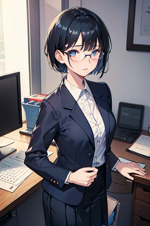 ((Highest quality)), ((masterpiece)), (Familiar), Illustration Style,Perfect Face,1 Girl,Black Hair,Short Hair,Glowing Skin,big, Bright Blue Eyes,Beautiful Bangs,Small breasts,Super Beauty,woman,,business suit,skirt,Beautiful clothes,Glasses,office