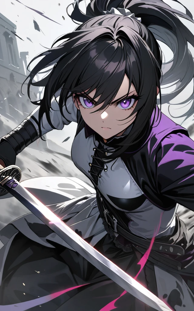 solo lady、shiny black hair、shiny purple eyes、short highponytail
、1white ribbon:1.1、[middle breast:0.8]、(twotonecolor、 black and white detailed Gothic Dress:1.1)、(masterpiece)、(absurdres)、(ultra detailed)、(8K)、(viewtifull detailed)、Swordsman、grabs sharpness-katana,、closed mouth,serious eyes,Battle,