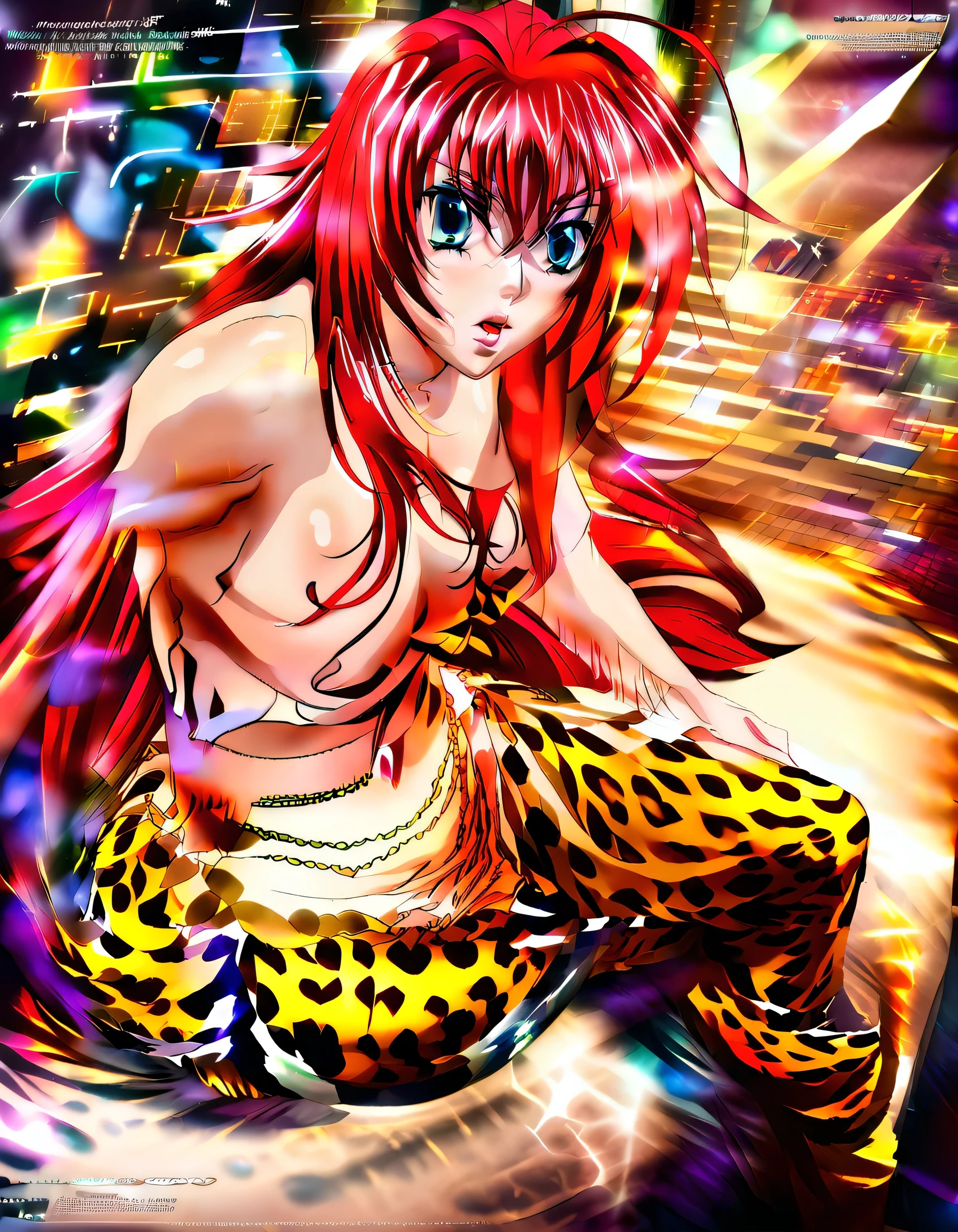 1girl, Rias Gremory, beautiful detailed eyes, beautiful detailed lips, extremely detailed face and eyes, long eyelashes, cheetah print leggings, sitting on purple sofa, farting, best quality, 4k, 8k, highres, masterpiece, ultra-detailed, realistic, photorealistic, HDR, UHD, studio lighting, ultra-fine painting, sharp focus, physically-based rendering, extreme detail description, professional, vivid colors, bokeh, digital painting, high school dxd art, highly detailed, intricate details, soft lighting, warm colors