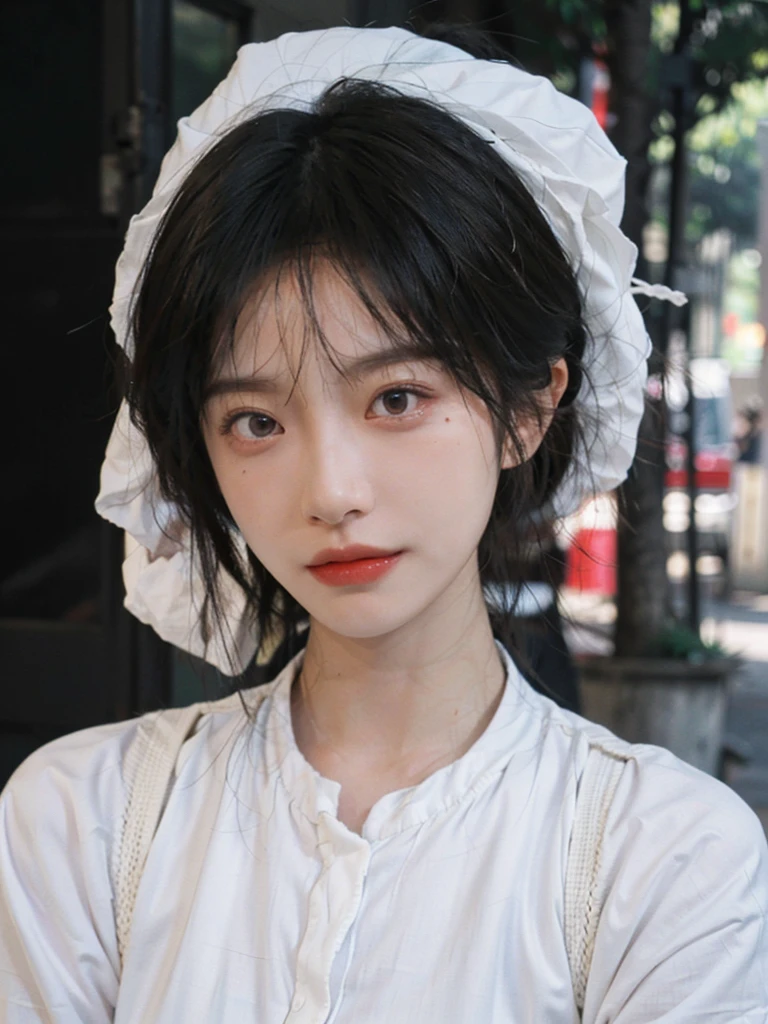 (smooth skin textures:1.3), Lipstick, Upper body，Upper Body，background, earrings, serene, calm, （Dress conservatively：1.6），(Realistic and detailed eyes：1.2）, Natural skin texture, Realistic facial details, Soft dramatic lighting, Vivid details, outdoor, (Photo Practical:1.4), (hyper Practical:1.4), (Practical:1.3), (Improve lighting quality:0.9), (Highest quality real skin textures:1.4), (Enhance the beauty of skin texture:1.1), Hair details, model， short hair, Moles under the eyes, Portrait Photography, Depth of Field, Bokeh, Surrealism, Ray Tracing, (Portrait Photography:1.1), Surrealism, High Detail, Chiaroscuro, Ray Tracing, reflected light, Ultra HD, Ultra HD, masterpiece, Textured Skin, Super Detail, High Detail, high quality, best quality
