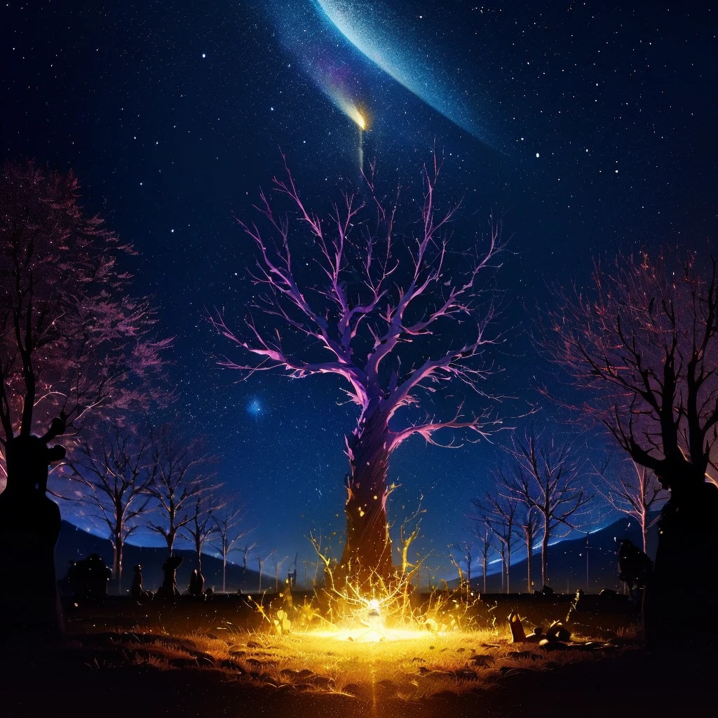 Cosmic Tree: Depict the Tree of Life as a vibrant, cosmic entity with galaxies and stars as its roots and branches.