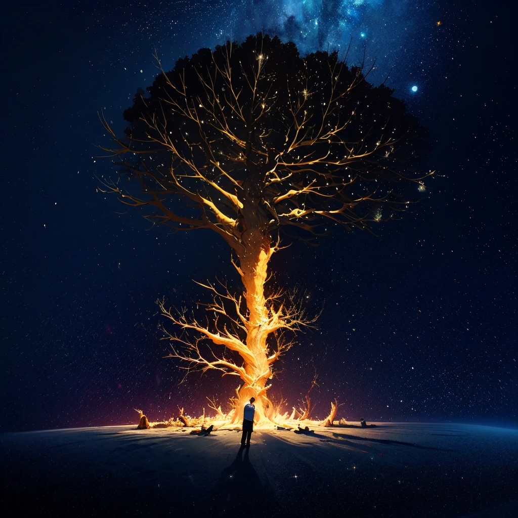 Cosmic Tree: Depict the Tree of Life as a vibrant, cosmic entity with galaxies and stars as its roots and branches.