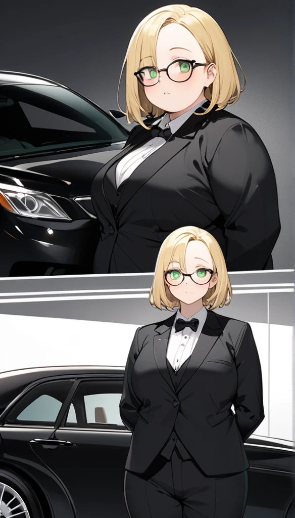chubby girl, blonde, green eyes, medium-length hair, open forehead, no bangs, glasses in a black square frame, black tuxedo, black suit, standing near the car 