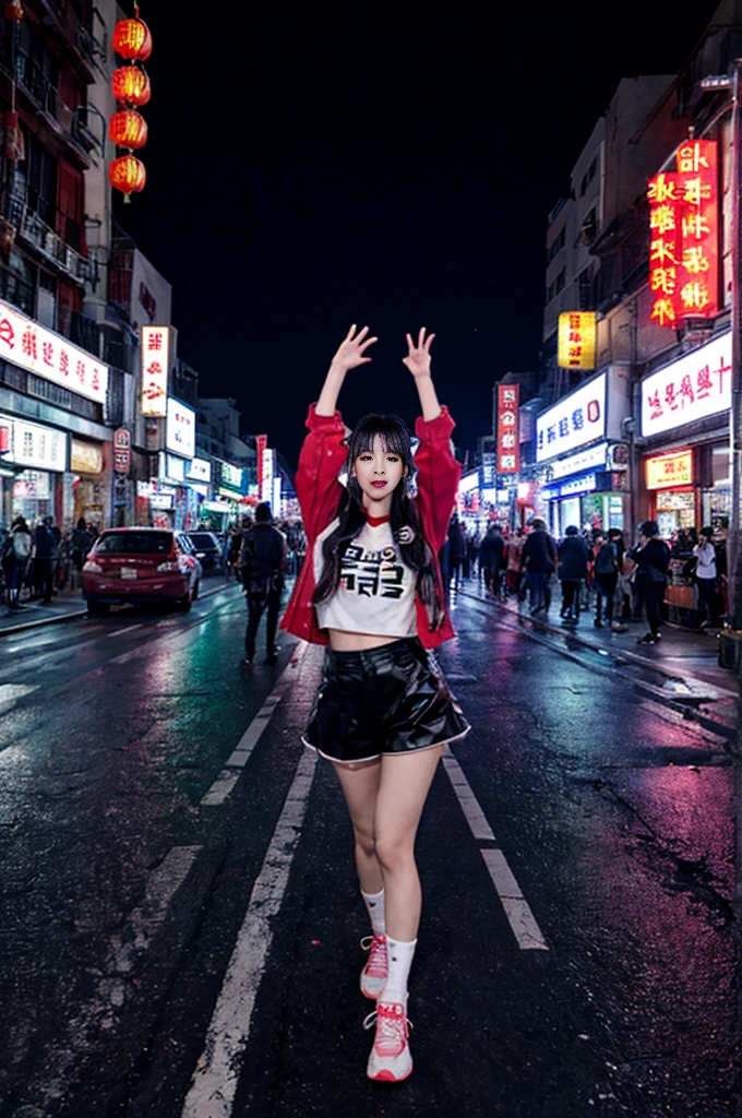 At night on Chinatown Road, Yaowarat, there is an open area. There is a Korean female idol wearing a hip-hop style outfit, standing in a cool pose in the middle of the road. The lights at night are beautiful and realistic. 64K Perspective view from the ground to the top. Colorful lights are lines of movement. 