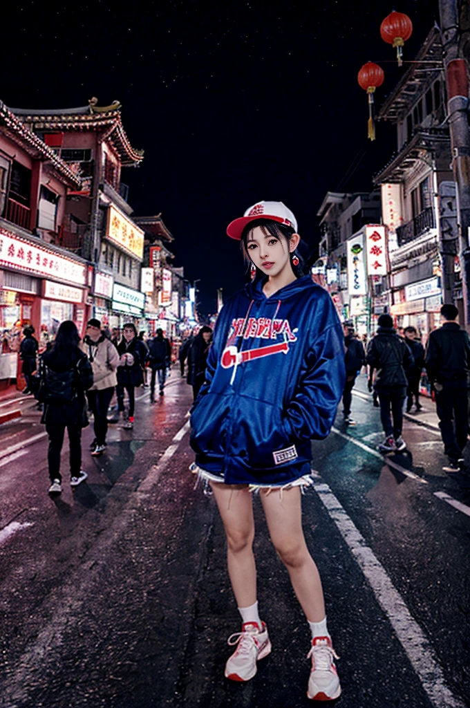 At night on Chinatown Road, Yaowarat, there is an open area. There is a Korean female idol wearing a hip-hop style outfit, standing in a cool pose in the middle of the road. The lights at night are beautiful and realistic. 64K Perspective view from the ground to the top. Colorful lights are lines of movement.