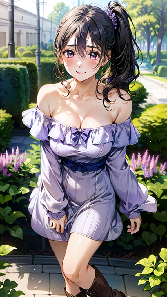 (masterpiece:1.3, Highest quality, Ultra-high resolution, Super detailed), (Realistic, photoRealistic:1.4), Beautiful illustrations, Perfect lighting, Natural light, colorful, Depth of written boundary, Surrealism,
Beautiful detailed hair, Beautifully detailed face, Beautiful attention to detail, Beautiful clavicle, Beautiful body, Beautiful breasts, Beautiful thighs, Beautiful feet, Beautiful fingers,
View your viewers, 1 Girl, Japanese, Female college student、 (Idol Sculpture), (Perfect Anatomy, Anatomically correct), Cute and symmetrical face, , Perfect Face, Perfect Eyes, Shiny skin, thin,
(Black Hair, Wavy Hair:0.8, Side Ponytail:1.2), Hair between the eyes, Dark brown eyes, Long eyelashes, (Large Breasts:0.8, Captivating thighs),
((Light purple off-shoulder knit dress:1.4)),short boots、
(Beautiful views), ((winter), evening, (garden)), Posing, (Cute smile, Upward glance),