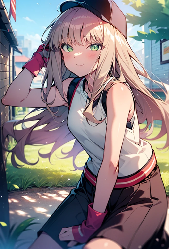 minami yume ,sss Dynazenon ,Long Hair, Brown Hair, (Green Eyes:1.5) ,blush,smile,hair band,Sleeveless shirt,Baseball cap,Long skirt,sneakers,Daytime,Clear skies,Walking,whole bodyがイラストに入るように,　　　　　　break　looking at viewer, whole body, 　　　　　　　break outdoors ,Building district,　　　　　　　　　　　　break (masterpiece:1.2), Highest quality, High resolution, unity 8k wallpaper, (shape:0.8), (Beautiful and beautiful eyes:1.6), Highly detailed face, Perfect lighting, Extremely detailed CG, (Perfect hands, Perfect Anatomy),