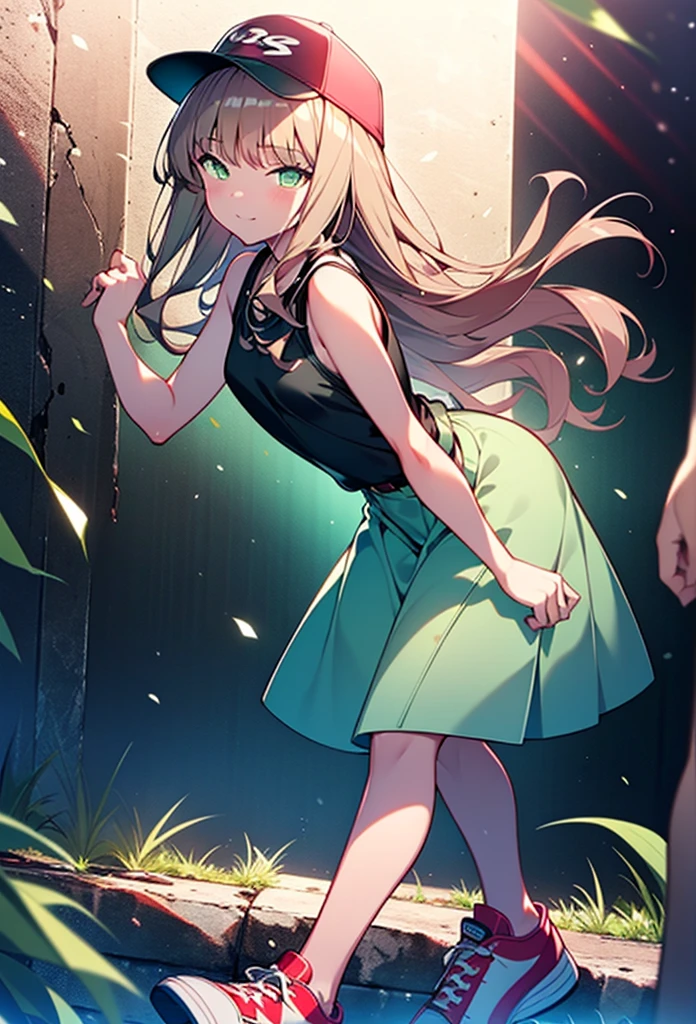 minami yume ,sss Dynazenon ,Long Hair, Brown Hair, (Green Eyes:1.5) ,blush,smile,hair band,Sleeveless shirt,Baseball cap,Long skirt,sneakers,Daytime,Clear skies,Walking,whole bodyがイラストに入るように, break looking at viewer, whole body, break outdoors ,Building district, break (masterpiece:1.2), Highest quality, High resolution, unity 8k wallpaper, (shape:0.8), (Beautiful and beautiful eyes:1.6), Highly detailed face, Perfect lighting, Extremely detailed CG, (Perfect hands, Perfect Anatomy),