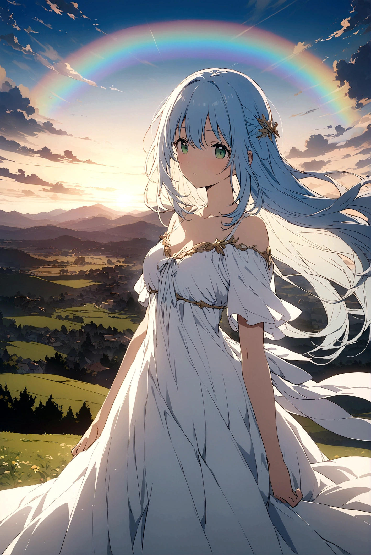 High quality masterpiece, landscape, cloud,blue sky.Rainbow Angel,fly in the sky,White dress. Light blue hair, Smooth long hair,Green Eyes. Beautiful anime scene, アニメのlandscape, 詳細なlandscape — 幅 672, makoto shinkai's style, makoto shinkai's style, Enhanced Details.  