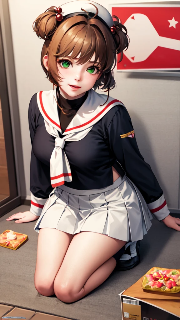 ponytail, A high school girl sitting on the floor and eating a sandwich, In uniform