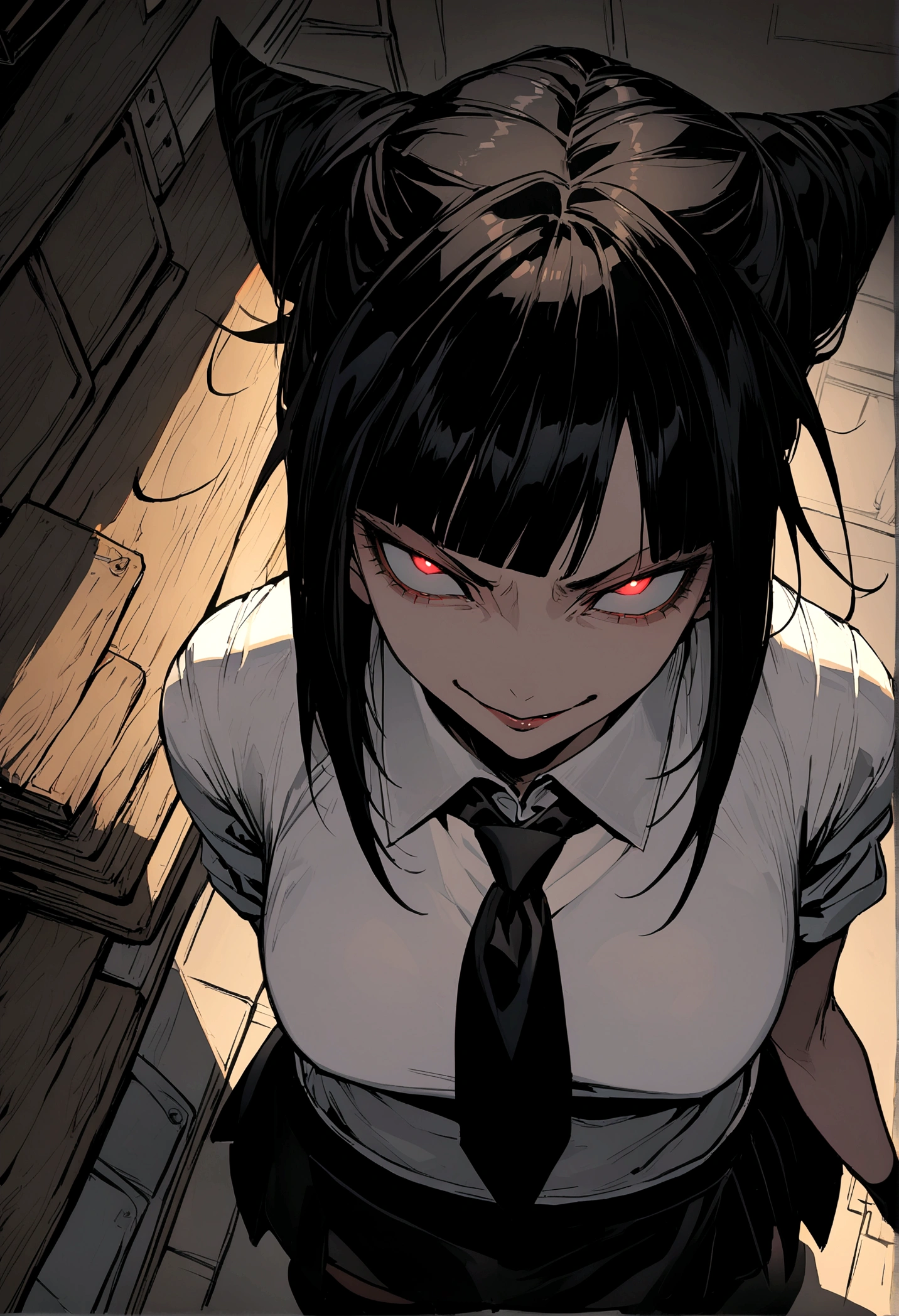 Juri Han, artwork, tight white secretary shirt with black tie, black short skirt,sock, Bblack hair, blackstockings,evil smile,DESK,bangs on the eyes,lighting,horn of hair,from above view,staring overhead