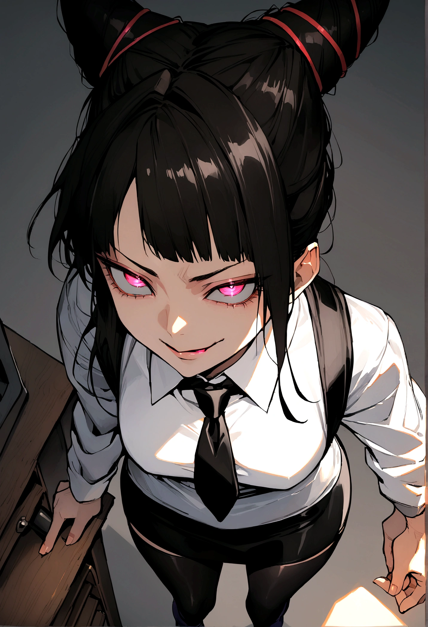 Juri Han, artwork, tight white secretary shirt with black tie, skirt short preta, skirt short,sock, Bblack hair, blackstockings,evil smile,DESK,bangs on the eyes,lighting,horn of hair,from above view,staring overhead